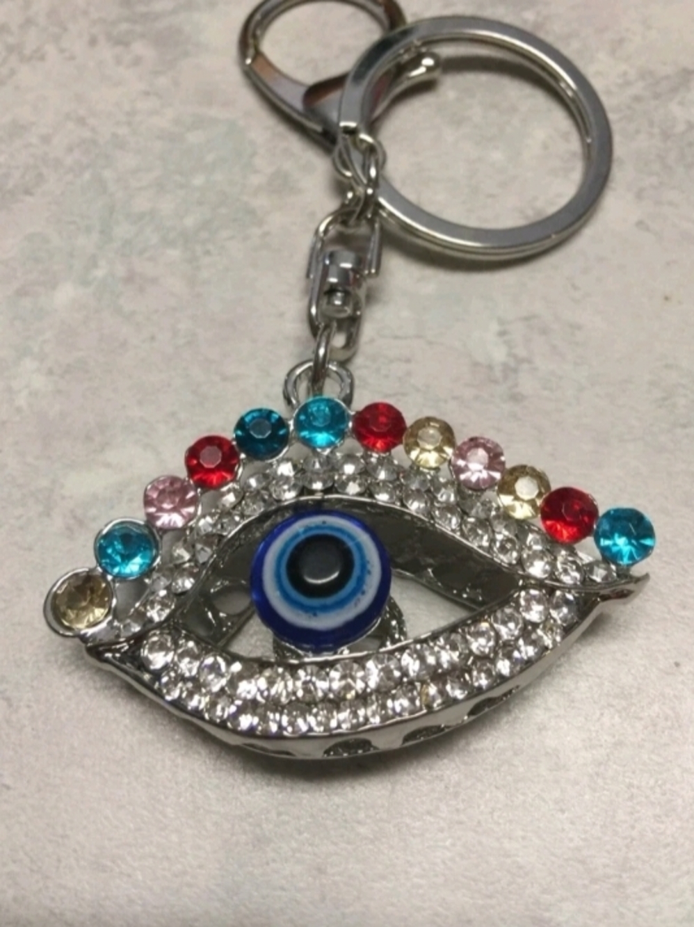 Silver Evil Eye Bag Charm Or Keychai with Blue Center and Multicolor Accents - Picture 2 of 2